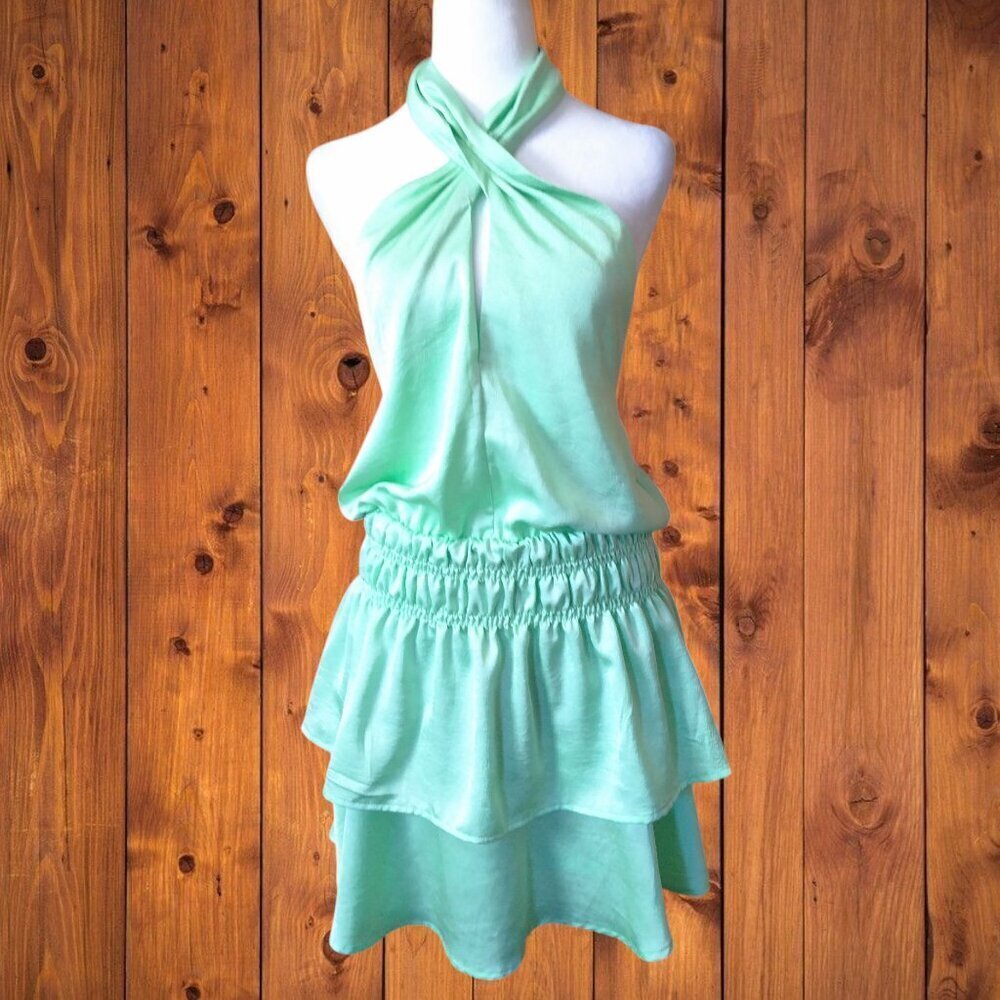 Glam Size Small Light Green Tiered Open Back Halter Dress Satin Look Party Girly